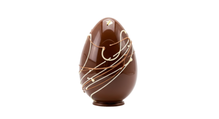 Chocolate Easter egg stands decorated with and brown chocolate swirls in a dark setting.