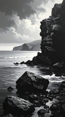 Dramatic grayscale coastal landscape featuring cliffs, ocean, and dramatic sky