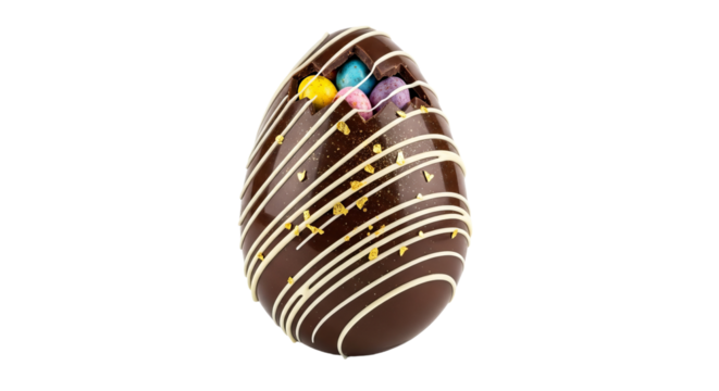 Chocolate Easter egg is decorated with icing and gold flakes, containing several smaller colored eggs inside.