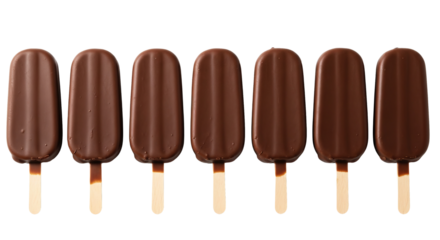 Chocolate ice cream bars are aligned horizontally, each attached to a wooden stick, positioned against a isolated background.