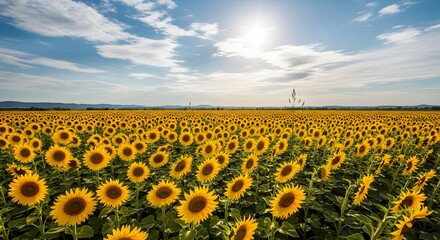 Obraz premium Vast sunflower field under a bright sunny sky with wispy clouds and gentle breeze