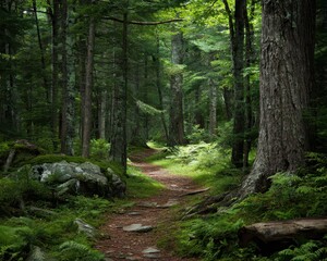 Fototapeta premium Tranquil Trail Through Maine Woods: A Scenic Journey Through Forested Landscapes and Greenery