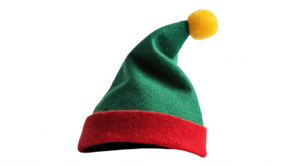 A green and red elf hat with a yellow pom pom on black background