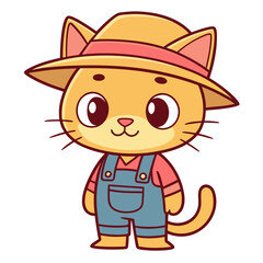 Cat Dressed as Farmer in Overalls and Straw Hat Illustration