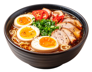 Japanese Shoyu Ramen with Soft-Boiled Eggs, Pork, and Scallions Isolated on White Background