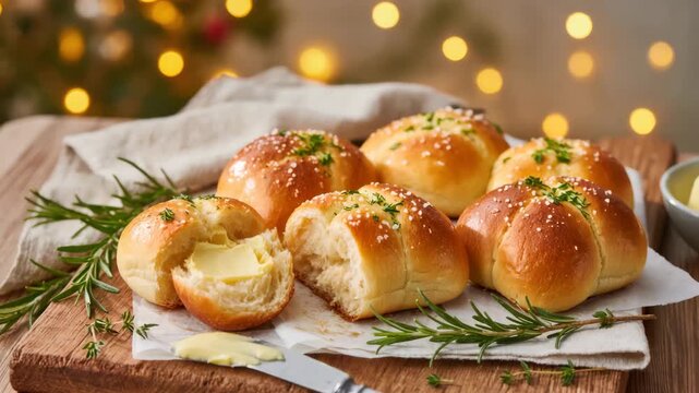 Golden brown garlic butter rolls topped with salt and fresh herbs are placed on parchment over a rustic wooden board. One bun is cut open with a slice of butter inside. Warm festive atmosphere.