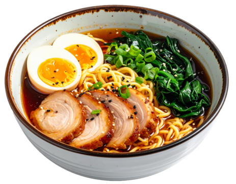 Japanese Shoyu Ramen with Soft-Boiled Eggs, Pork, and Scallions Isolated on White Background