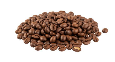 Naklejka premium Coffee beans are piled together in a heap, exhibiting their roasted color and textured surface.