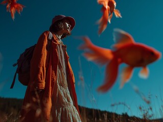 Fototapeta premium A young girl in an orange coat explores nature, with large, surreal fish swimming in the sky above her.