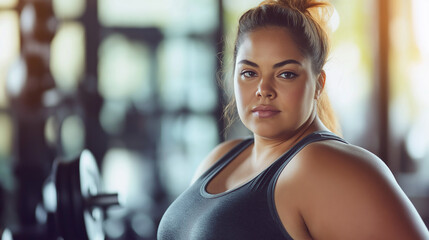 Fototapeta premium Confident woman posing in a gym with weightlifting equipment in the background