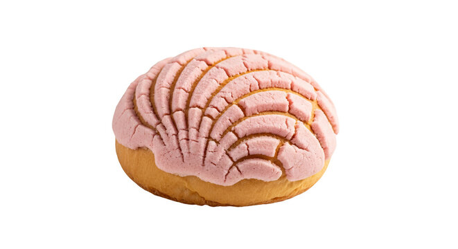 Concha bread displays a textured pink topping over a golden brown bun against a background.