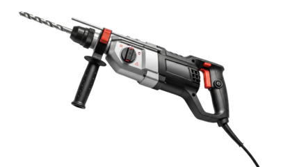 Corded Hammer Drill featuring a steel drill bit is displayed against a isolated background.