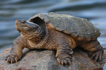 Obraz premium Adult Common Snapping Turtle Sunbathing on Rocky Shoreline - Lake Ontario, Summer in North America, Ontario Wildlife