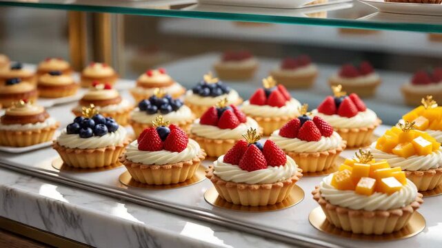Mini tarts filled with whipped cream and decorated with fresh strawberries, blueberries, and mango cubes, arranged in a pastry shop display case. Bright and appealing dessert selection.