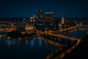 Obraz premium City Skyline at Night with River Reflection – Urban Lights and Modern Design