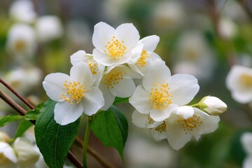 Obraz premium Charming Blossoms of Mock Orange Shrub (Philadelphus) with Delicate White Flowers in Full Bloom