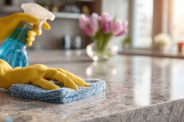 Yellow gloved hands wipe granite countertop with blue cloth and cleaner. Perfect for ads showing household cleaning or maintaining a tidy home.