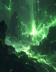 Dramatic green energy storm raging across a dark, jagged landscape
