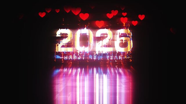 2026 Happy New Year glow text shine light effect cinematic title with glow many herts flow on black abstract background