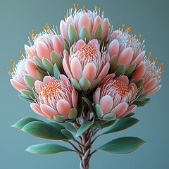 Bouquet of Pink Protea Flowers with Green Leaves on Gray photo Background Keywords: protea, king