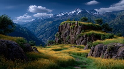 Fototapeta premium Majestic Mountain Valley With Wildflowers Under Dramatic Sky, Serene Landscape Vista