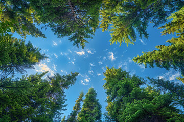 Experience breathtaking beauty of a lush spruce forest canopy from a unique vantage point below, surrounded by majestic evergreens, set against a stunning backdrop of clear blue skies, and feeling a d