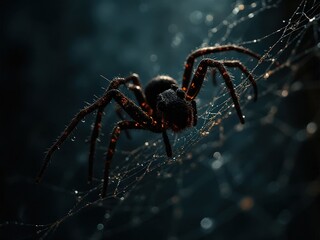 Black spider on glowing web with dew drops in night light
