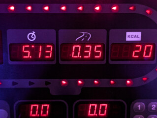 close-up of digital display on a treadmill showing time, distance, and calories