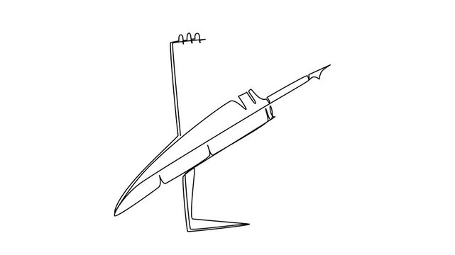 Self drawing animation of continuous one line drawing stack of 2 notebooks and quill on top. Two diaries. Summarizing the daily journey of life. Vintage. National Notebook Day. Full length animated