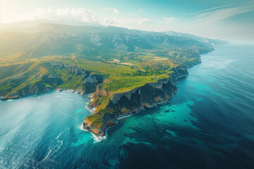 Experience breathtaking beauty of a peninsula from a bird's eye view, with expansive panoramas, detailed coastlines, and a feeling of adventure and amazement that comes from seeing world from a higher