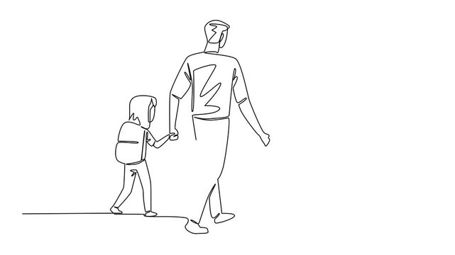Animation of continuous line drawing rear view, a father holds son and daughter on his right and left. Walk to school. Walk Safely To School Day. Single line self drawing animated. Full length motion