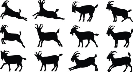 Goat silhouettes in various standing, walking, and jumping poses, farm animal illustration set for agriculture, wildlife, and design projects