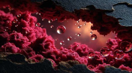 Macro Abstract: Glowing Red Texture with Floating Water Droplets and Dark Edges