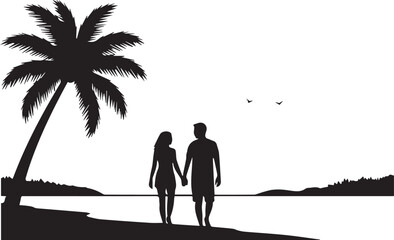Couple Walking on Beach Under Palm Tree Silhouette