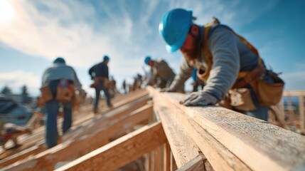 Construction workers build the roof of new home on sunny day. It shows teamwork, skill, and the American dream to own a home.