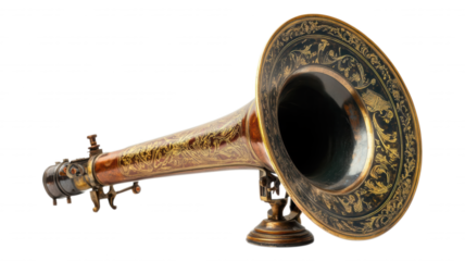 Close up of an antique brass gramophone with floral designs