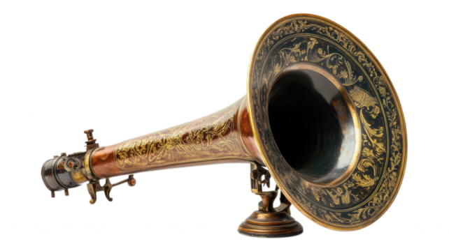 Close up of an antique brass gramophone with floral designs - Powered by Adobe