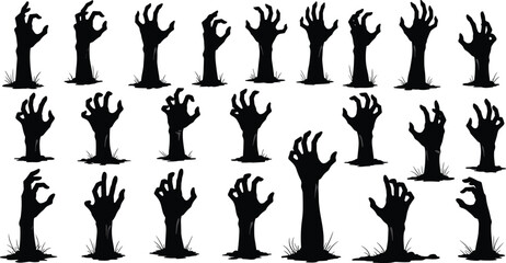 Horror hand silhouettes, spooky arms rising from ground, Halloween scary gesture collection, dark dramatic resurrection theme, creepy zombie hands, supernatural fear illustration design set
