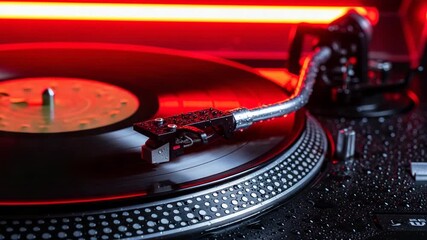 DJ Turntable Spinning a Vinyl Record in a Nightclub with Red Neon Lights. - Powered by Adobe
