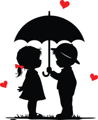 Silhouette of Boy and Girl Under Umbrella with Hearts