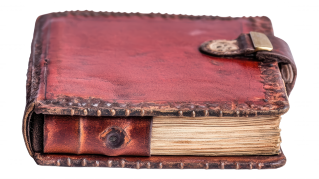 Close up of a red leather bound journal with a metal clasp