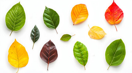 Obraz premium Colorful leaves in flat lay style display fall foliage. Autumn backdrop for seasonal themes, social media, and educational presentations.