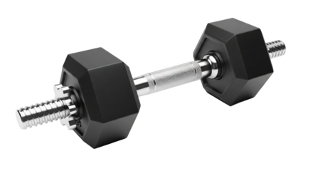 Dumbbell resting horizontally on a isolated background features a textured silver handle and hexagonal weights on each end.