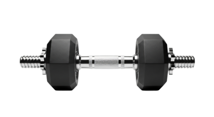 dumbbell rests centered, showing textured grip, hexagonal weights, and ribbed bar under even lighting.