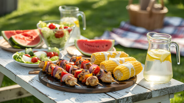 Bountiful Summer Picnic Spread with Grilled Kebabs Corn Salad Watermelon and Lemonade food outdoor - Powered by Adobe
