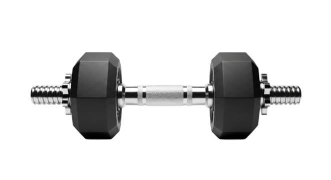 dumbbell rests centered, showing textured grip, hexagonal weights, and ribbed bar under even lighting.