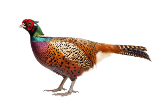 Male ringneck pheasant bird standing isolated on transparent background. Male european common pheasant phasianus colchicus isolated on white background.