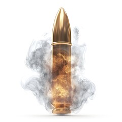 Bullet Surrounded By Smoke And Internal Flames On White Background Keywords: bullet, photo