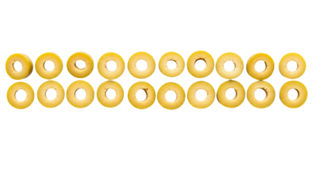 Eighteen olive rings align symmetrically in two rows against a stark background.