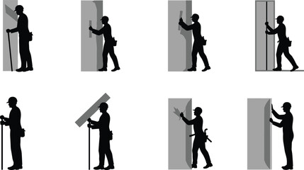 Construction worker silhouette sequence, drywall installation process, measuring, lifting, positioning, securing panels, hard hat safety, tool belt, building industry, educational training,